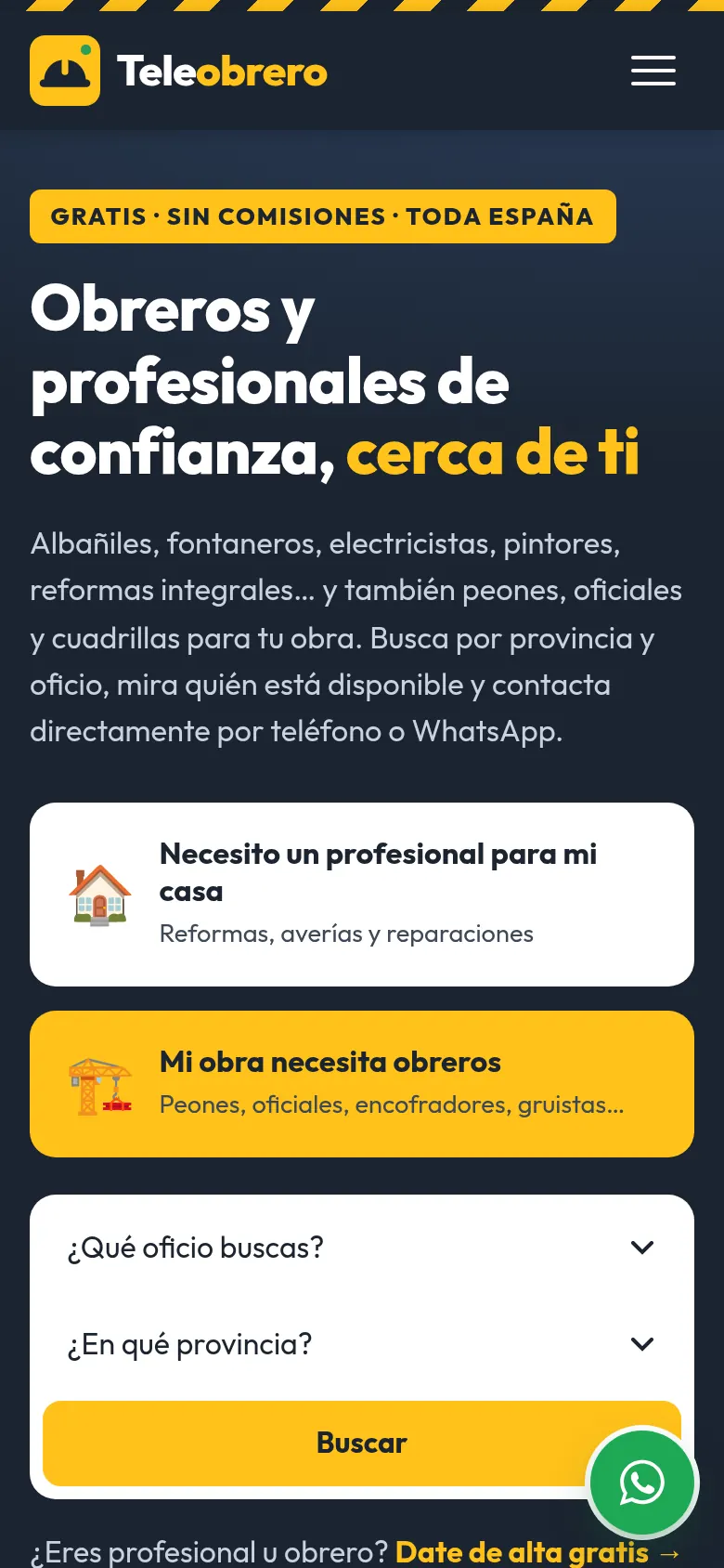 Captura de la app de Teleobrero en un móvil: portada con búsqueda de profesionales